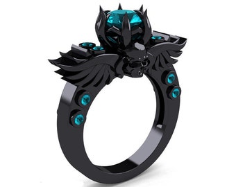 Art Masters Classic Winged Skull 14K Black Gold 1.0 Ct Paraiba Tourmaline Solitaire Engagement Ring R613-14KBGPTU