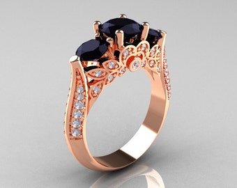 14K Rose Gold Three Stone Black and White Diamond Solitaire Ring R200-14KRGDBD