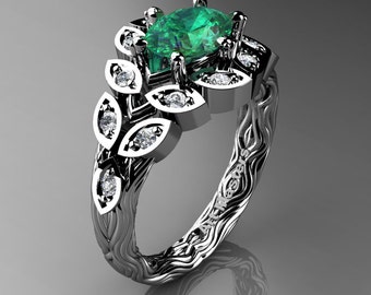 Art Masters Nature Inspired 14K White Gold 1.0 Ct Oval Emerald Diamond Leaf and Vine Solitaire Ring R267-14KWGDEM