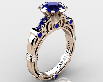 Caravaggio 14K Rose Gold 1.0 Ct Sri Lanka Blue Sapphire Engagement Ring R623-14KRGNBS