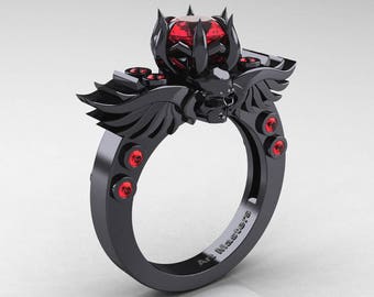 Winged Skull 5K Black Gold 1.0 Ct Fire Ruby Solitaire Engagement Ring R613-5KBGFR