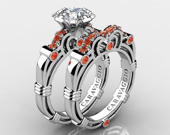 Art Masters Caravaggio 10K White Gold 1.0 Ct White Orange Sapphire Engagement Ring Wedding Band Set R623S-10KWGOSWS
