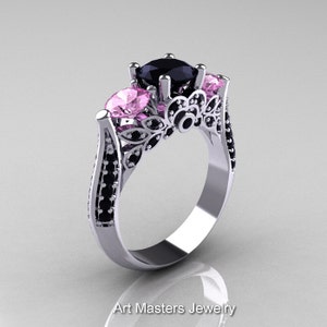 14K White Gold Three Stone Light Pink Sapphire Black Diamond Solitaire Ring R200-14KWGBDLPS