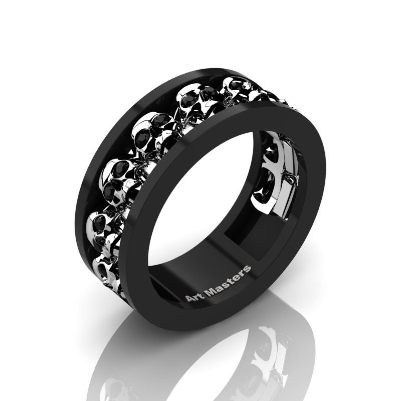 Mens Modern 14K Black and White Gold Black Diamond Skull Channel