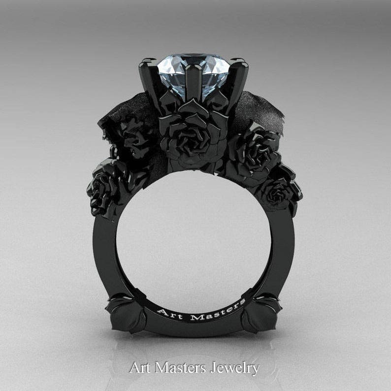 Love and Sorrow 5K Black Gold 3.0 Ct Aquamarine Skull and Rose Solitaire Engagement Ring R713-5KBGAQ image 1