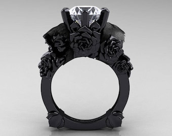 Love and Sorrow 5K Black Gold 3.0 Ct White Topaz Skull and Rose Solitaire Engagement Ring R713-5KBGWT