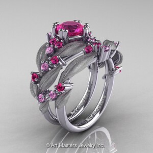 Nature Classic 14K White Gold 1.0 Ct Pink Sapphire Leaf and Vine Engagement Ring Wedding Band Set R340SS-14KWGPS