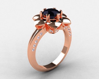 14K Rose Gold Black Diamond Wedding Ring, Engagement Ring NN102-14KRGDBD