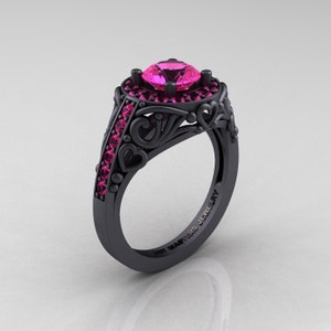 Italian 14K Matte Black Gold 1.0 Ct Pink Sapphire Engagement Ring Wedding Ring R280-14KMBGPS