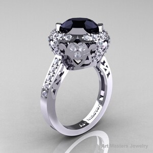 Edwardian 14K White Gold 3.0 Carat Black and White Diamond Engagement Ring, Wedding Ring Y404-14KWGDBD