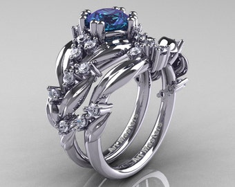 Conjunto de aliança de casamento Nature Classic 14K em ouro branco 1.0 quilates Alexandrita com folha de diamante e videira R340S-14KWGDAL