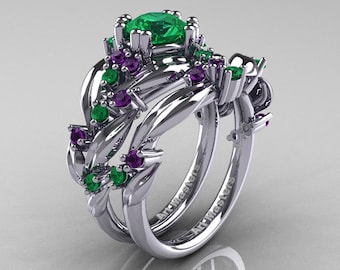 Conjunto de aliança de casamento Nature Classic 14K ouro branco 1,0 ct esmeralda ametista folha e videira R340S-14KWGAMEM