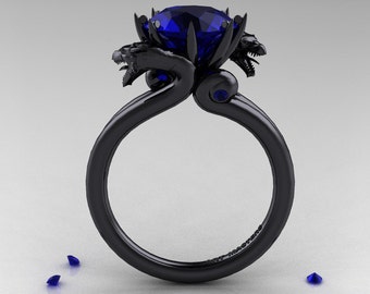 Modern Dragon 14K Black Gold 3.0 Ct Blue Sapphire Engagement Ring R601-14KBGBS