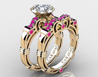 Art Masters Caravaggio 14K Yellow Gold 1.0 Ct White Pink Sapphire Engagement Ring Wedding Band Set R623S-14KYGPSWS