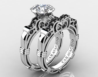 Art Masters Caravaggio Conjunto de aliança de casamento em ouro branco 14K 1,0 ct topázio branco diamante preto R623S-14KWGBDWT