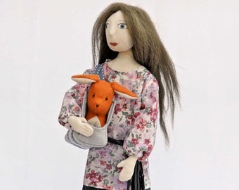 Lady with a Dog textile art doll 50 cm tall