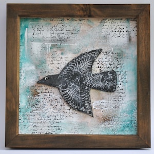 Handmade Mixed Media Wall Art – Black Crow in Flight – Framed Textured Artwork by Sonya Vengrova