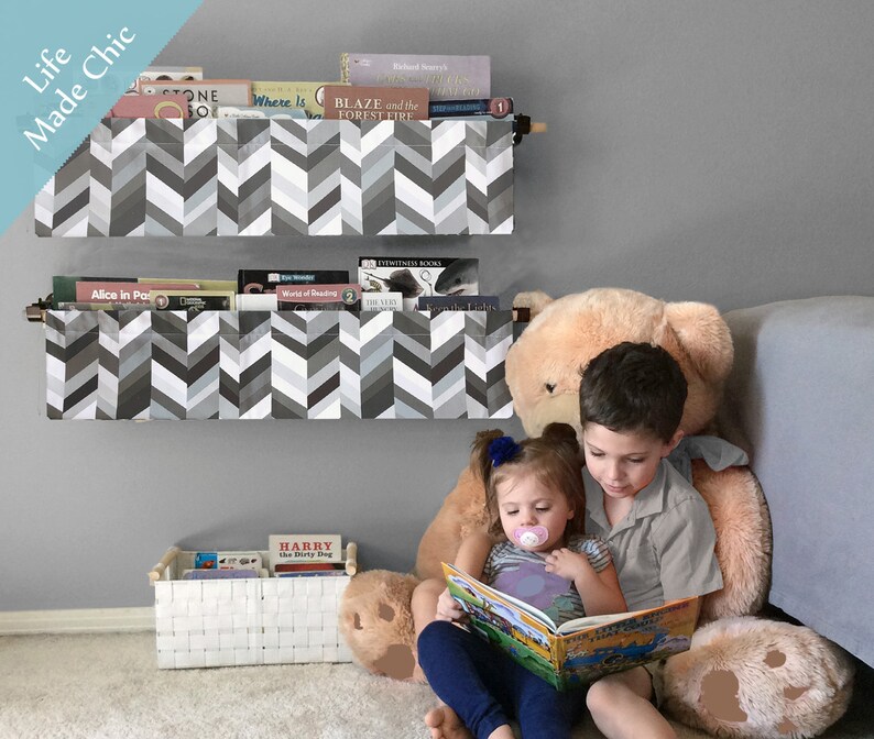 Book Sling Bookshelf Gray Black And White Herringbone Etsy