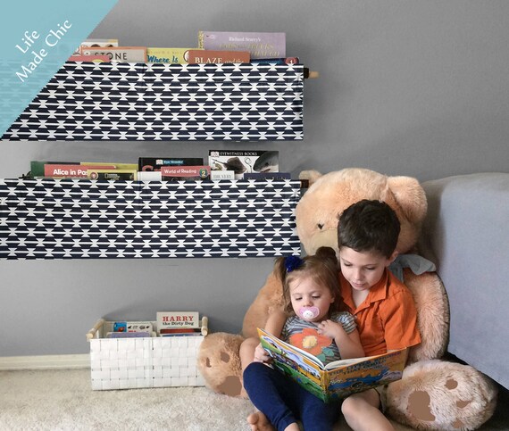 Kids Bookshelf Book Slingtribal Pattern Navy And White Etsy