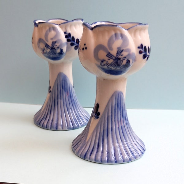 A Pair of vintage Delft Bleu Tulip Candlesticks/Nightlights/Hand Painted/Dutch