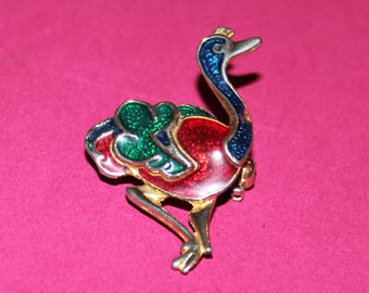 Vintage Exotic Enamelled Ostritch costume Jewellery Brooch