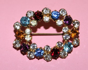 Stunning Vintage Rhinestone and Silver Tone Brooch/Classic/Multi-coloured and Clear Faceted Stones/C Clasp