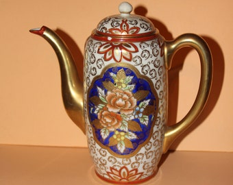 Vintage Japanese Meito Porcelain Hand Painted Coffee Pot/Negoya/Heavy gilt/Orinetal Deign