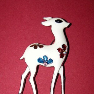 Vintage White enamel & Rhinstone Brooch/Bambi/Gazelle
