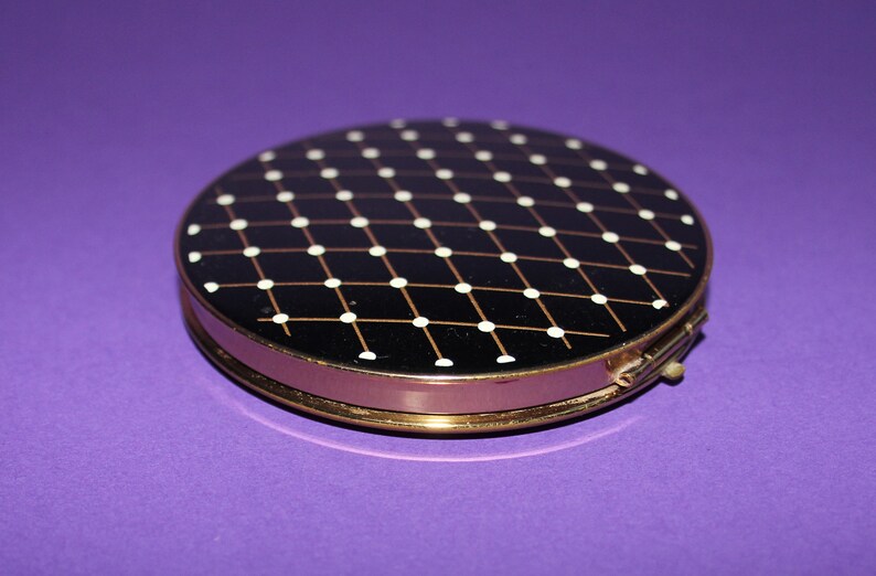 Dramatic Vintage Stratton Brass Ceramic Powder CompactBlack and white diagonal patternOriginal Sifter
