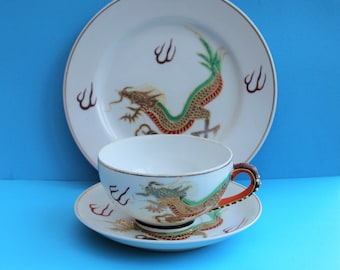 Vintage Japanese Lithophane Cup and Saucer and Plate/Enameled/Hand Painted Porcelain/Dragon