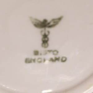 May include: Close-up of a white ceramic surface with a green emblem and text. The emblem features a winged design above a staff with intertwined snakes. The text reads "B. STO ENGLAND".