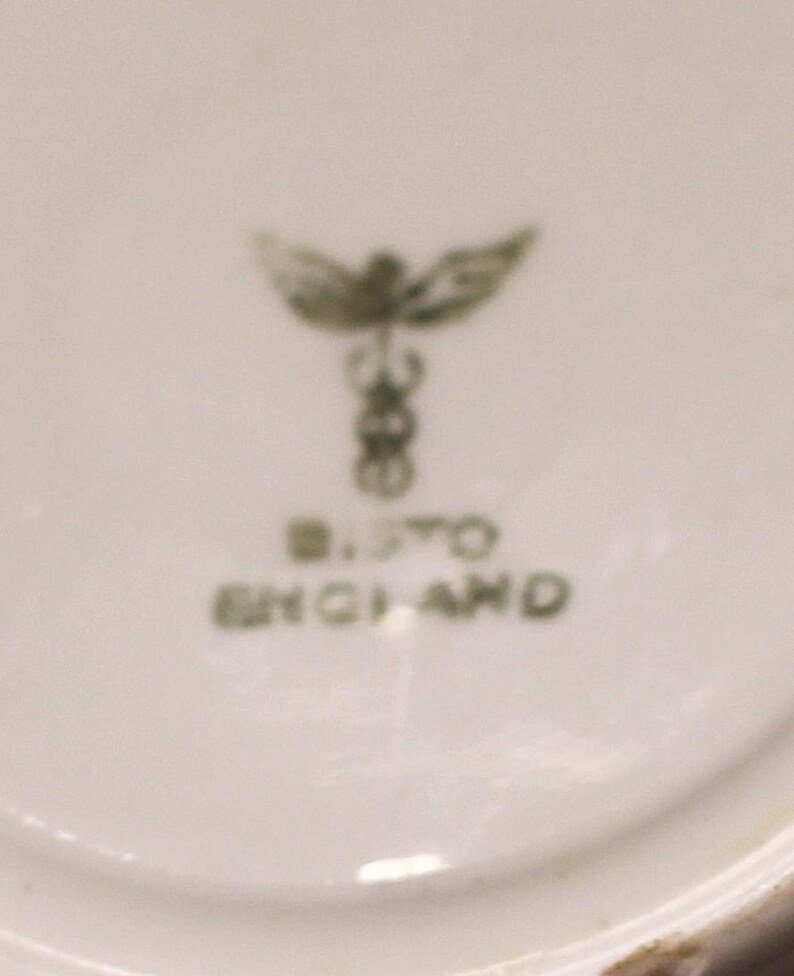 May include: Close-up of a white ceramic surface with a green emblem and text. The emblem features a winged design above a staff with intertwined snakes. The text reads "B. STO ENGLAND".