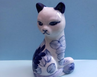 ヴィンテージ磁器の猫の置物：青い花柄の装飾 - Etsy 日本