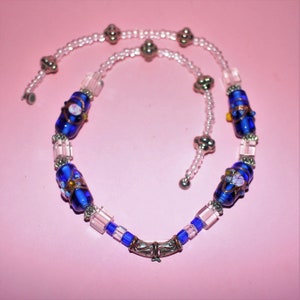 Handmade Vintage Wedding Glass Necklace: Blue Beaded Magnetic Clasp