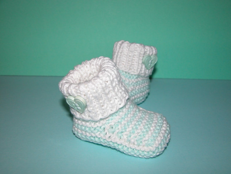 Hand Knitted Baby Booties knitted in Baby Cotton Yarn/Turquoise Green & White Stripes/Heart Button image 2