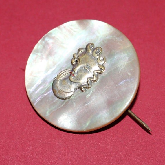 Rare Art Deco Mother of Pearl Brooch/ Pewter/Came… - image 4