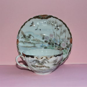 Delightful Vintage Japanese Hand-painted Kutani Egg-Shell China cup and Saucer/Ducks and Flora