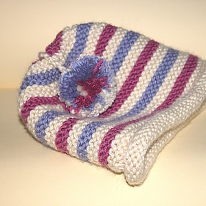 Cute Striped Beanie Baby Hat with Pom-Pom  knitted in Cashmere Baby Aran Yarn