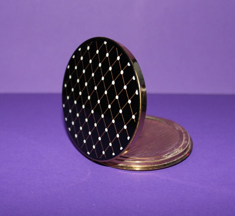 Dramatic Vintage Stratton Brass Ceramic Powder CompactBlack and white diagonal patternOriginal Sifter
