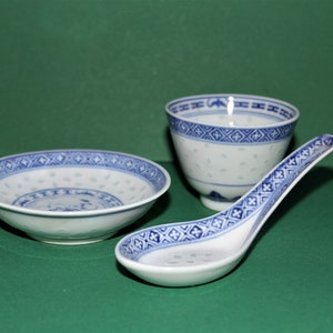 Vintage Chinese Porcelain decorated rice bowl, Dish and matching spoon