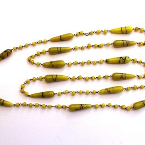 Vintage Art Deco Hand Crafted Yellow Glass Bead Flapper Necklace/40 inch