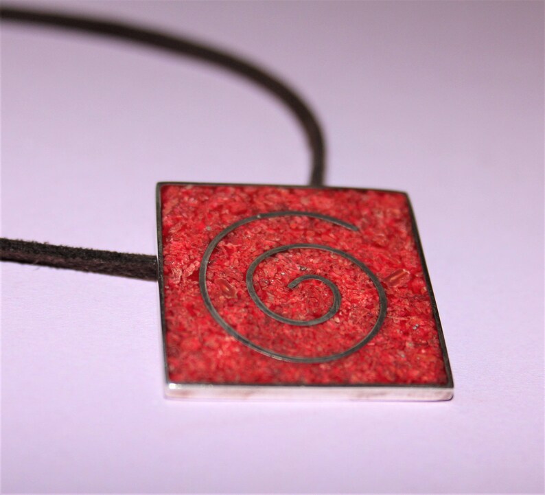 Vintage Square Red Coral and Solid Silver Pendant