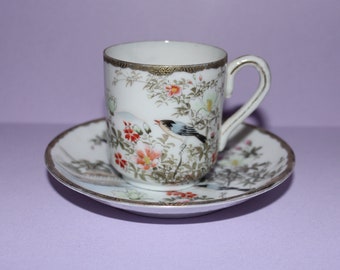 Rare Kutani Japanese Hand-painted Coffee Porcelain Cup and Saucer/Wild life,Birds and Floral