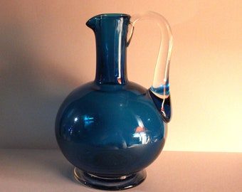 Vintage Whitefriars Kingfisher Blue Glass Jug/Ewer