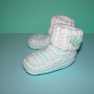 Hand Knitted Baby Booties knitted in Baby Cotton Yarn/Turquoise Green & White Stripes/Heart Button image 3