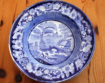 Antique Pearlware Soup Dish: 1830s Wild Rose Blue Transferware