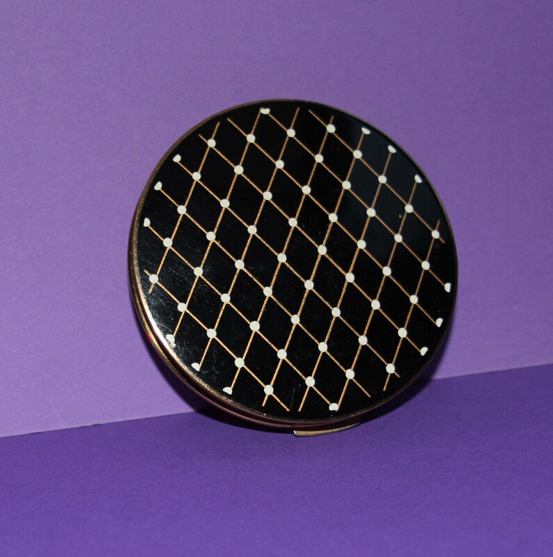Dramatic Vintage Stratton Brass Ceramic Powder CompactBlack and white diagonal patternOriginal Sifter
