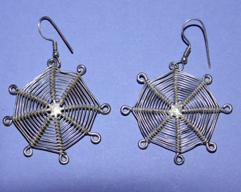 Vintage Large Solid Silver Hand Crafted Spiders Web Earrings.