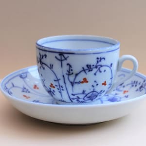 Antique German Tettau Blue and White Porcelain Cup and Saucer/Straw-flower Pattern