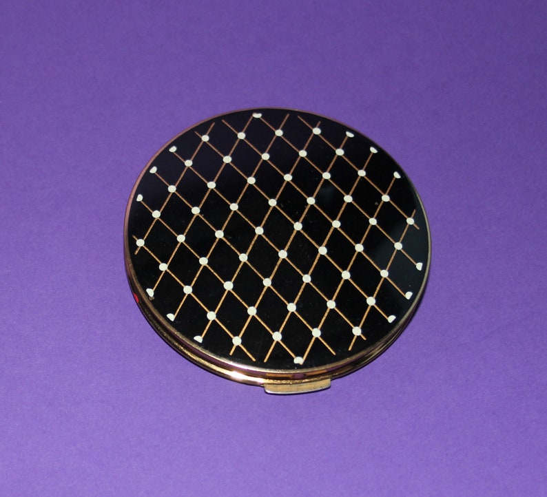 Dramatic Vintage Stratton Brass Ceramic Powder CompactBlack and white diagonal patternOriginal Sifter